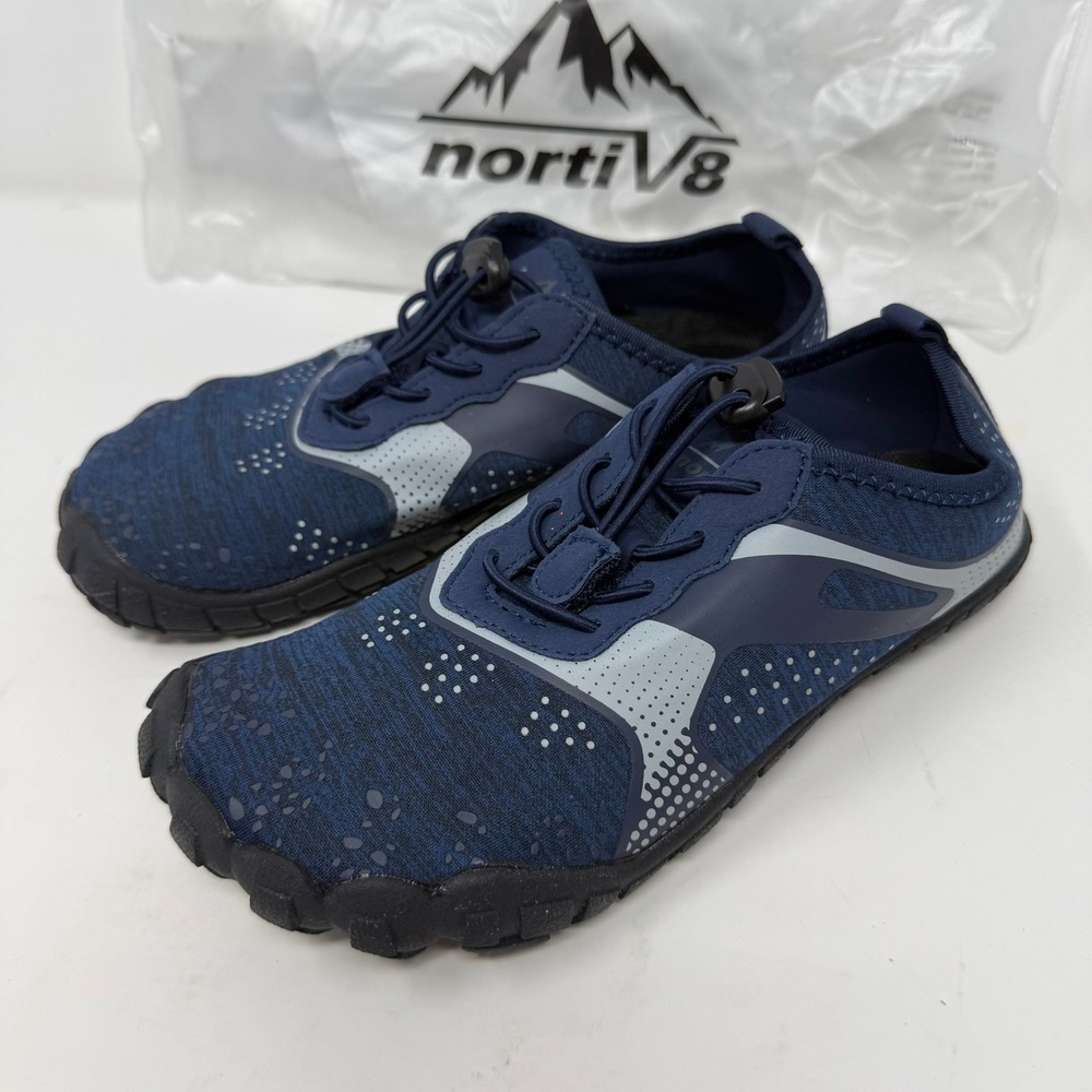 Nortiv8 Kids Water Shoes Navy Blue Grey Aqua Socks Bungee Laces Size 4 Barefoot‎